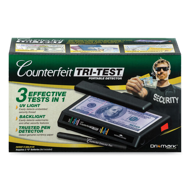 Tri Test Counterfeit Bill Detector for USD and Most International Currencies, 3 Detection Methods, 7" x 4" x 2.5", Black