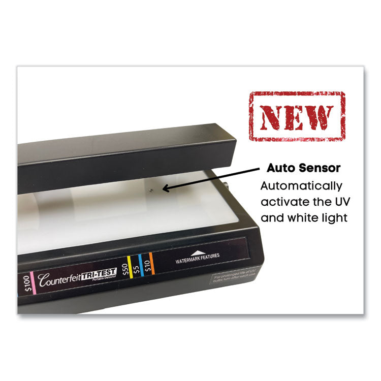 Tri Test Counterfeit Bill Detector for USD and Most International Currencies, 3 Detection Methods, 7" x 4" x 2.5", Black