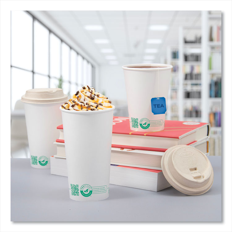 Compostable Paper Hot Cups, ProPlanet Seal, 20 oz, White/Green, 600/Carton