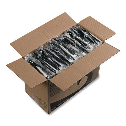 Four-Piece Cutlery Kit, Mediumweight, Fork/Knife/Napkin/Spoon, Plastic, Black, 250/Carton