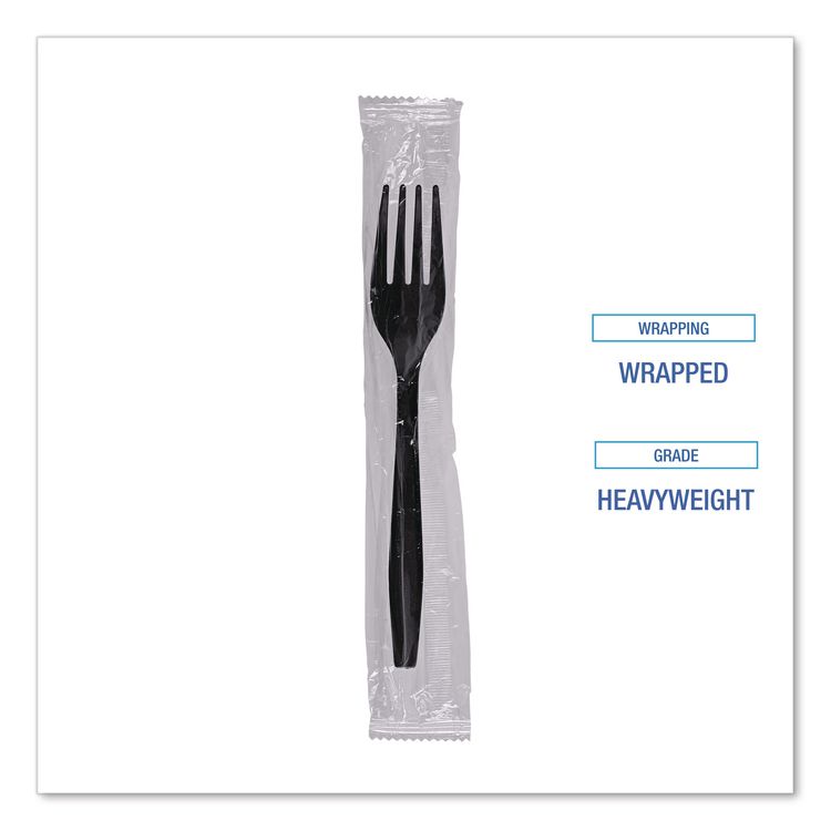 Heavyweight Wrapped Polypropylene Cutlery, Fork, Plastic, Black, 1,000/Carton