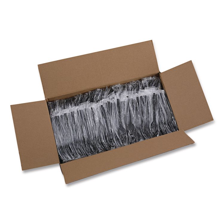 Heavyweight Wrapped Polypropylene Cutlery, Fork, Plastic, Black, 1,000/Carton