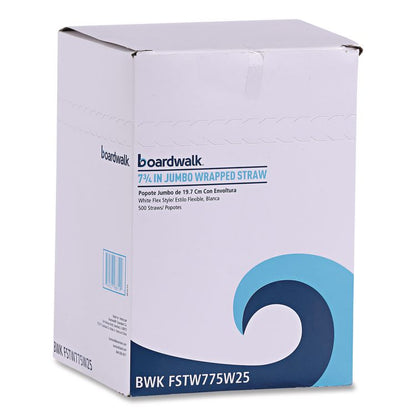 Flexible Wrapped Straws, 7.75", Plastic, White, 500/Pack, 20 Packs/Carton