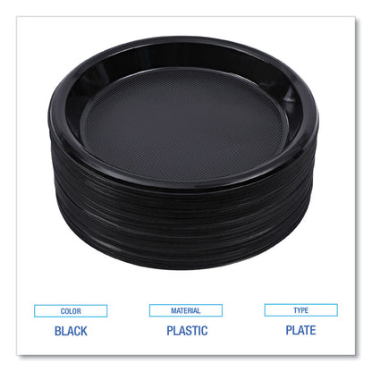 Hi-Impact Plastic Dinnerware, Plate, 10" dia, Black, 125/Sleeve, 4 Sleeves/Carton