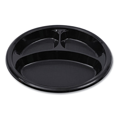 Hi-Impact Plastic Dinnerware, 3-Compartment Plate, 10" dia, Black, 125/Sleeve, 4 Sleeves/Carton