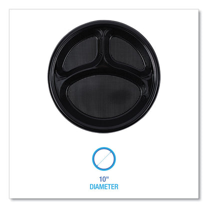 Hi-Impact Plastic Dinnerware, 3-Compartment Plate, 10" dia, Black, 125/Sleeve, 4 Sleeves/Carton