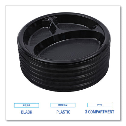 Hi-Impact Plastic Dinnerware, 3-Compartment Plate, 10" dia, Black, 125/Sleeve, 4 Sleeves/Carton