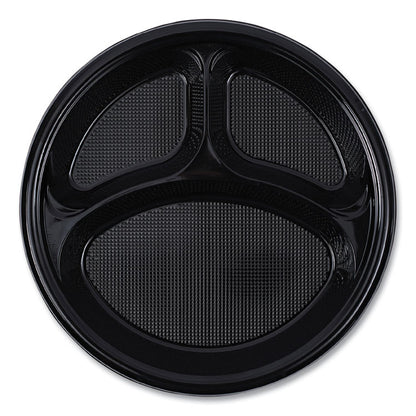 Hi-Impact Plastic Dinnerware, 3-Compartment Plate, 10" dia, Black, 125/Sleeve, 4 Sleeves/Carton