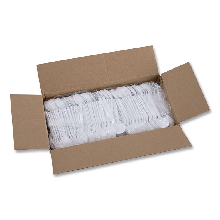 Mediumweight Polystyrene Cutlery, Soup Spoon, Plastic, White, 1,000/Carton