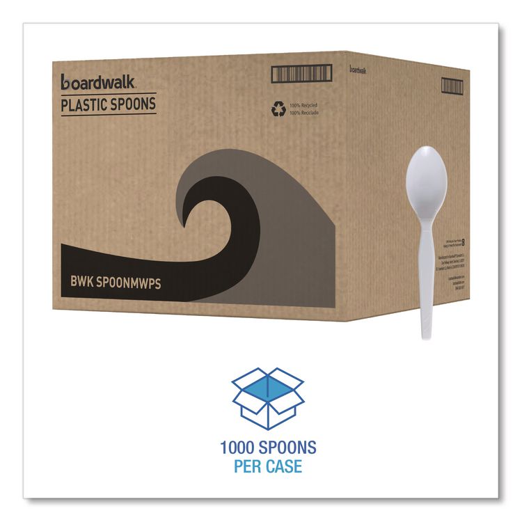 Mediumweight Polystyrene Cutlery, Spoon, Plastic, White, 100/Box, 10 Boxes/Carton