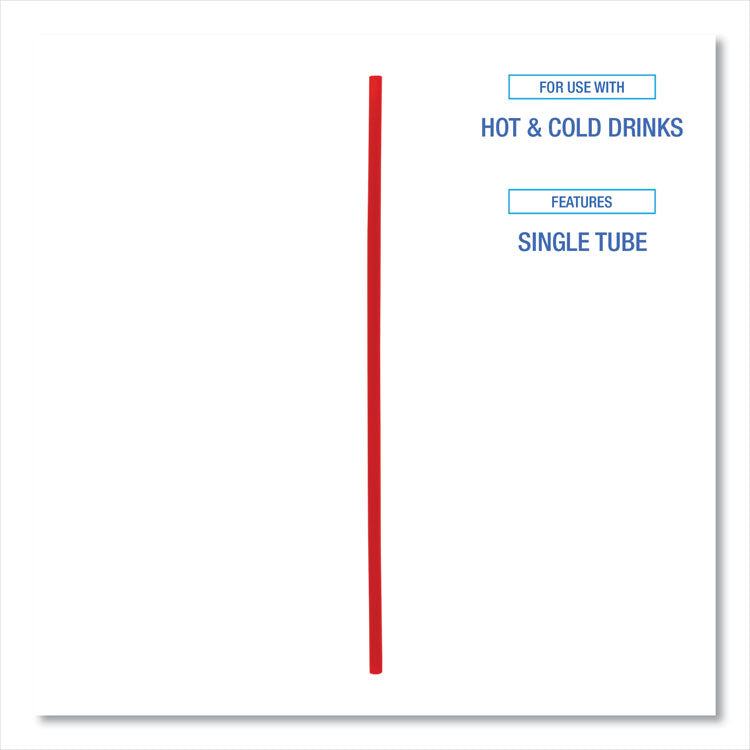 Single-Tube Stir-Straws,5.25", Polypropylene, Red, 1,000/Pack, 10 Packs/Carton