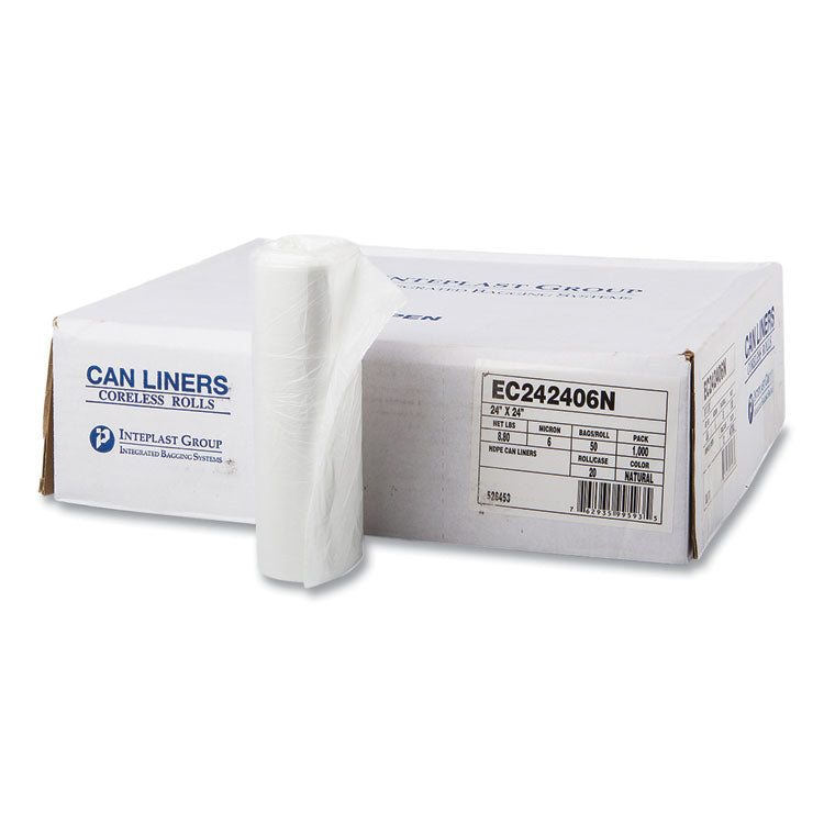 High-Density Commercial Can Liners, 10 gal, 6 mic, 24" x 24", Natural, Perforated Roll, 50 Bags/Roll, 20 Rolls/Carton