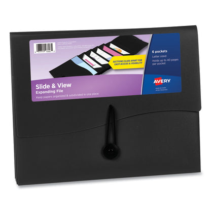 Slide and View Expanding File, 6 Sections, Hook/Loop Closure, Letter Size, Black