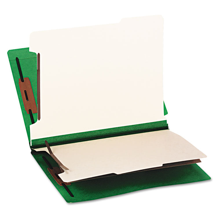 Colored End Tab Classification Folders, Straight Tab, Expands 2", 2 Dividers, 6 Fasteners, Letter Size, Green, 10/Box