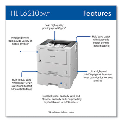 HL-L6210DWT Wireless Business Monochrome Laser Printer with Dual Paper Trays