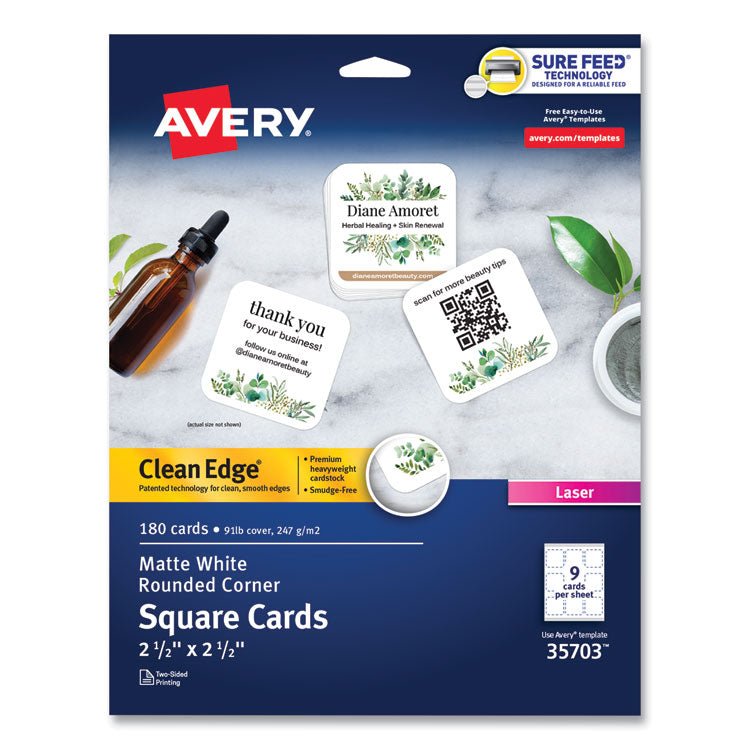 Square Clean Edge Cards with Sure Feed Technology, Laser, 2.5 x 2.5, White, 9 Cards/Sheet, 20 Sheets/Pack