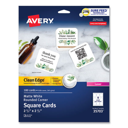 Square Clean Edge Cards with Sure Feed Technology, Laser, 2.5 x 2.5, White, 9 Cards/Sheet, 20 Sheets/Pack