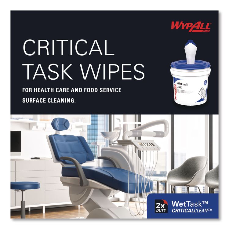 Critical Clean Wipers for Bleach, Disinfectants, Sanitizers WetTask Customizable Wet Wiping System, w/Bucket,140/Roll, 6/CT