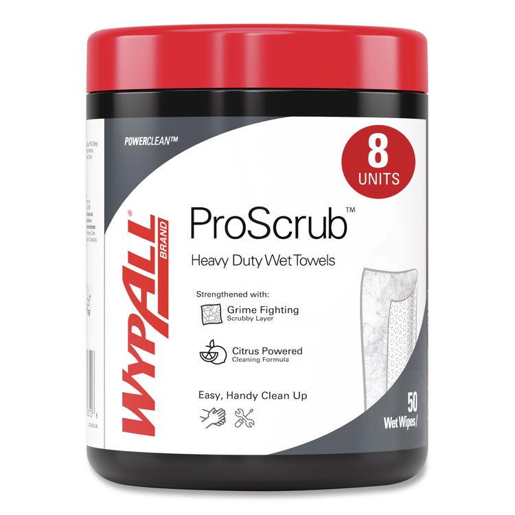 Power Clean ProScrub Pre-Saturated Wipes, 12 x 9.5, Citrus Scent, Green/White, 50/Canister, 8 Canisters/Carton