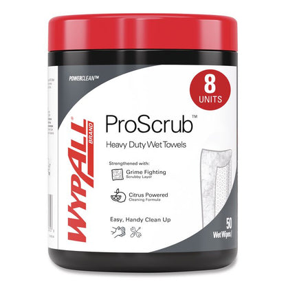 Power Clean ProScrub Pre-Saturated Wipes, 12 x 9.5, Citrus Scent, Green/White, 50/Canister, 8 Canisters/Carton
