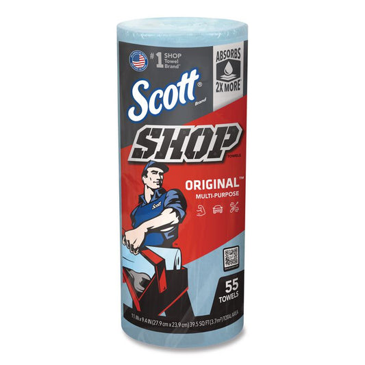 Shop Towels, Standard Roll, 1-Ply, 9.4 x 11, Blue, 55/Roll, 30 Rolls/Carton