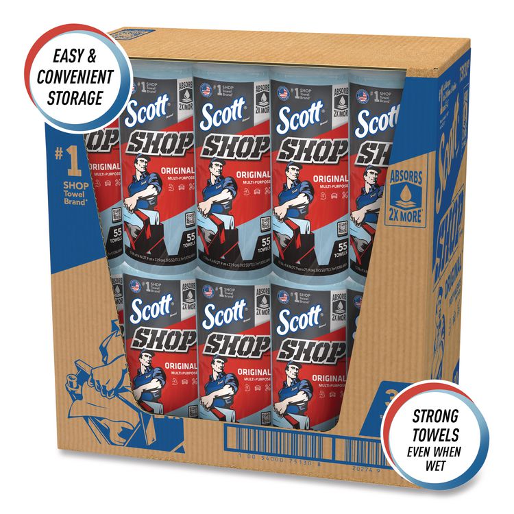Shop Towels, Standard Roll, 1-Ply, 9.4 x 11, Blue, 55/Roll, 30 Rolls/Carton