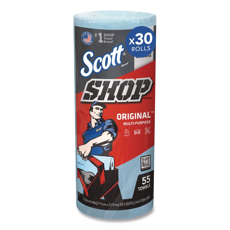 Shop Towels, Standard Roll, 1-Ply, 9.4 x 11, Blue, 55/Roll, 30 Rolls/Carton