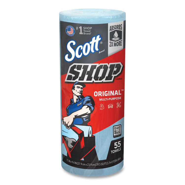Shop Towels, Standard Roll, 1-Ply, 9.4 x 11, Blue, 55/Roll, 12 Rolls/Carton