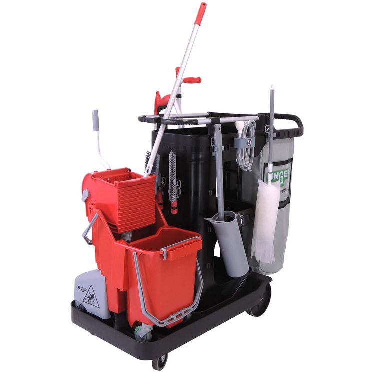 RestroomRx Janitorial Carts with 32 qt Bucket, Plastic, 24 x 21 x 25, Black