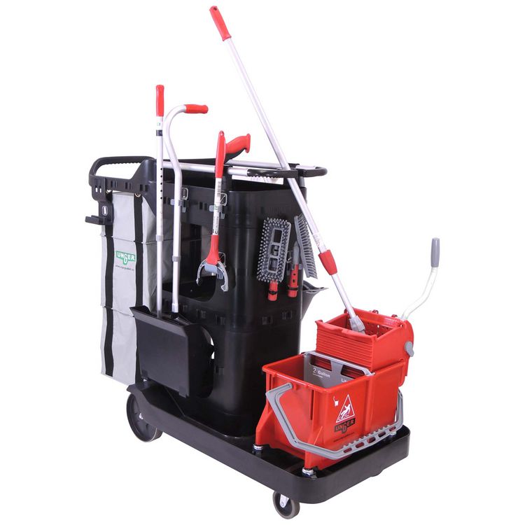 RestroomRx Janitorial Carts with 16 Qt Bucket, Plastic, 2 Shelves, 23.5 x 19 x 25, Black