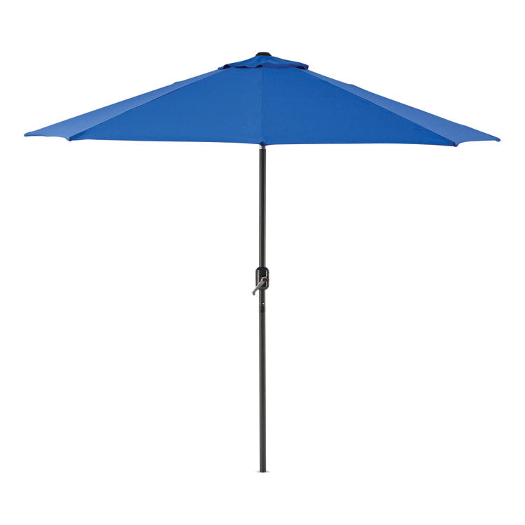 Outdoor Umbrella with Tilt Mechanism, 102" Span, 94" Long, Blue Canopy, Black Handle