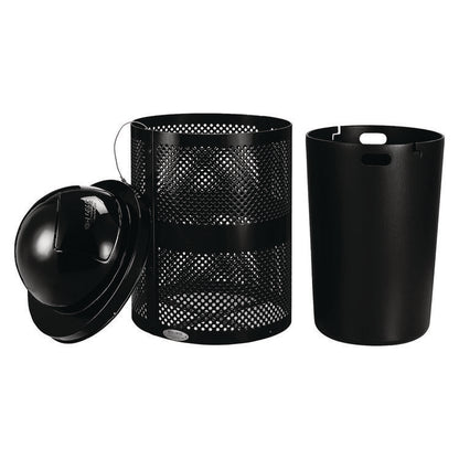 Outdoor Perforated Steel Trash Can with Dome Lid, 36 gal, Steel, Black