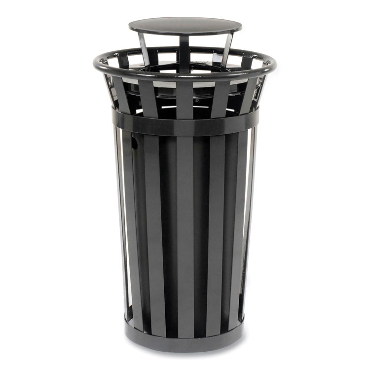 Outdoor Slatted Steel Trash Can, Rain Bonnet Lid, 24 gal, Black