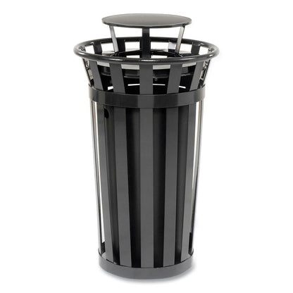 Outdoor Slatted Steel Trash Can, Rain Bonnet Lid, 24 gal, Black