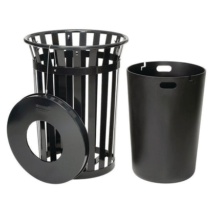 Outdoor Slatted Steel Trash Can, 36 gal, Black
