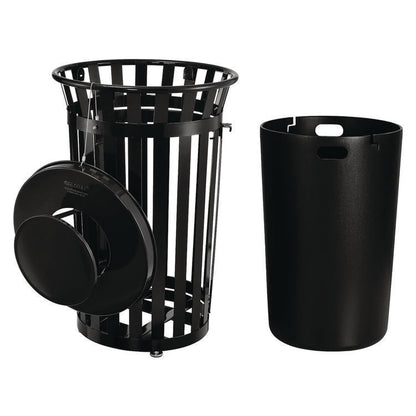 Outdoor Slatted Steel Trash Can, With Access Door and Rain Bonnet Lid, 36 gal, Black