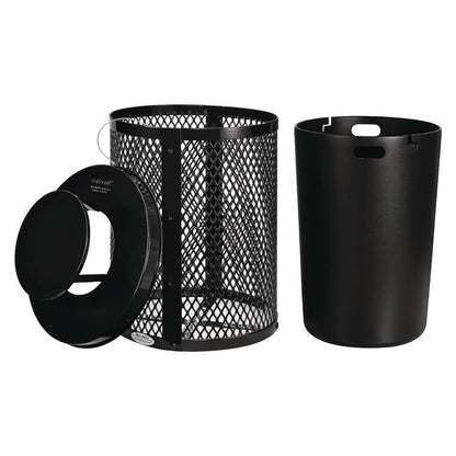 Outdoor Diamond Steel Trash Can, Rain Bonnet Lid, 36 gal, Black