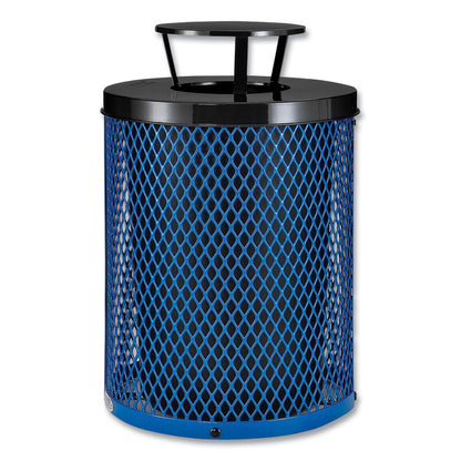 Outdoor Diamond Steel Trash Can, Rain Bonnet Lid, 36 gal, Blue