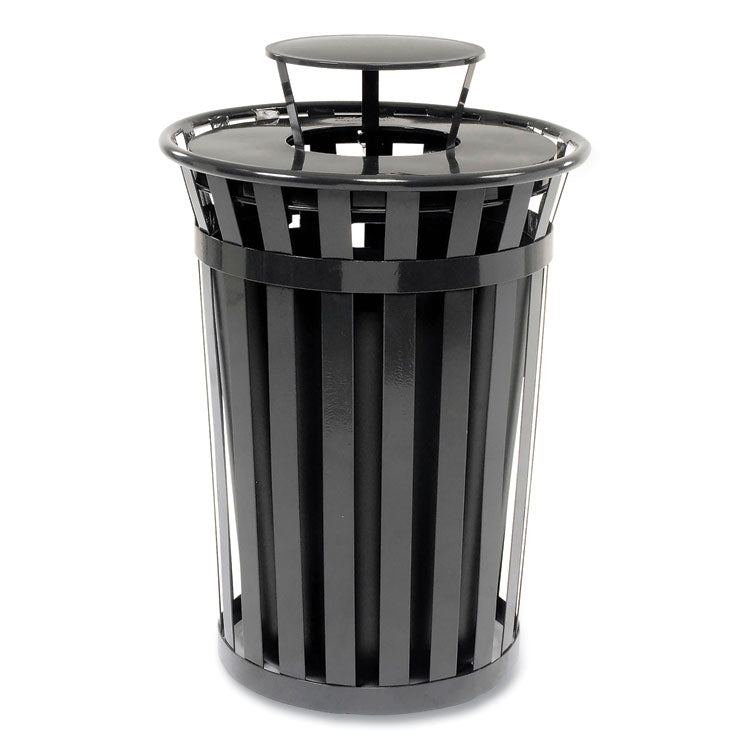 Outdoor Slatted Steel Trash Can, Rain Bonnet Lid, 36 gal, Black