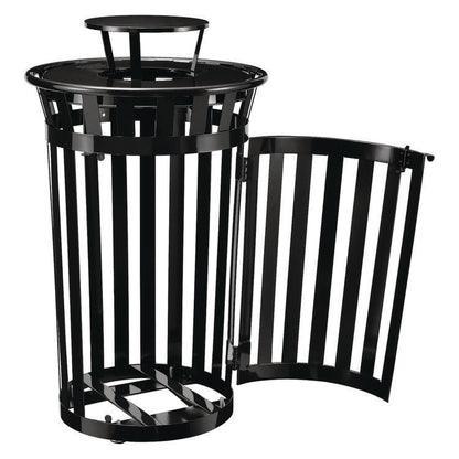 Outdoor Slatted Steel Trash Can, With Access Door and Rain Bonnet Lid, 36 gal, Black