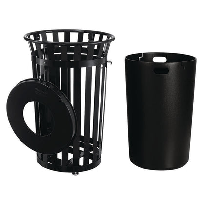 Outdoor Slatted Steel Trash Can, With Access Door, 36 gal, Steel Black
