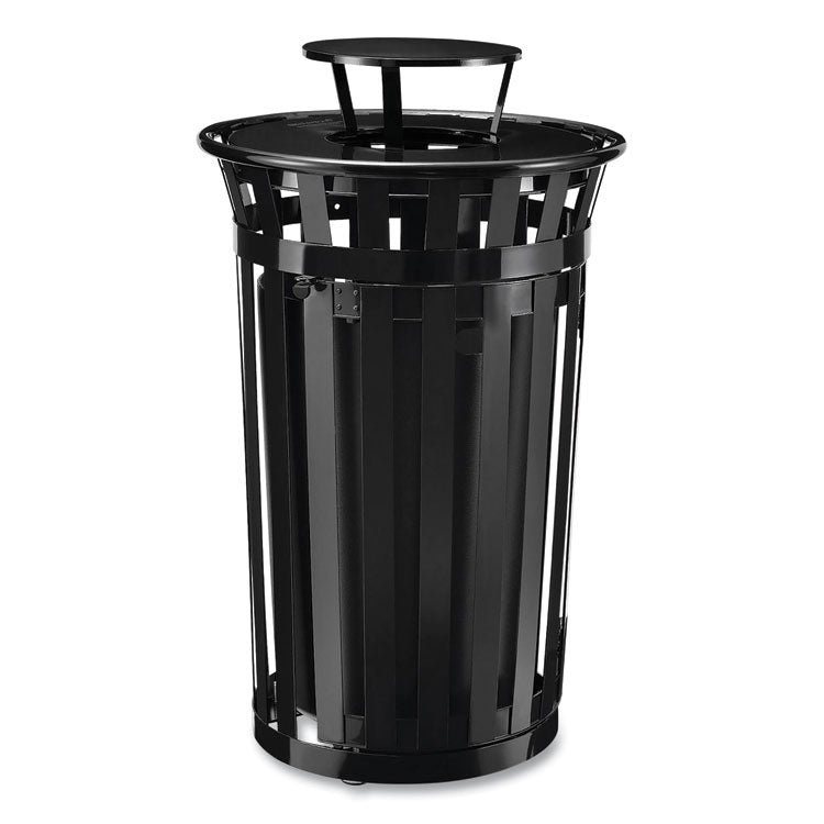 Outdoor Slatted Steel Trash Can, With Access Door and Rain Bonnet Lid, 36 gal, Black