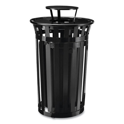Outdoor Slatted Steel Trash Can, With Access Door and Rain Bonnet Lid, 36 gal, Black