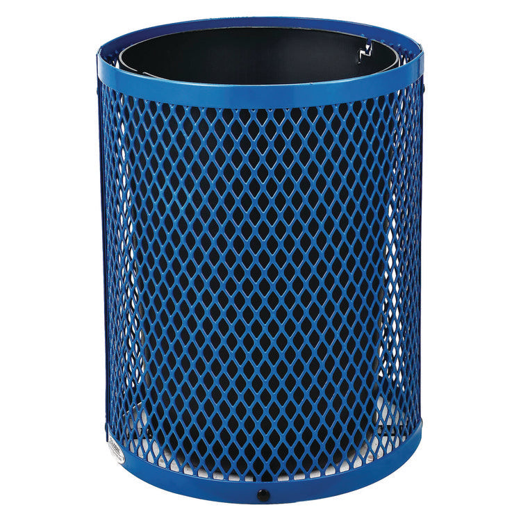 Outdoor Diamond Steel Trash Can, Rain Bonnet Lid, 36 gal, Blue