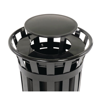 Outdoor Slatted Steel Trash Can, Rain Bonnet Lid, 24 gal, Black