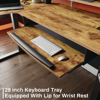 L-Shaped Standing Desk with Keyboard Tray, Left Desk, 61.25" x 43.25" x 34.38" to 52.88", Rustic Brown/Black