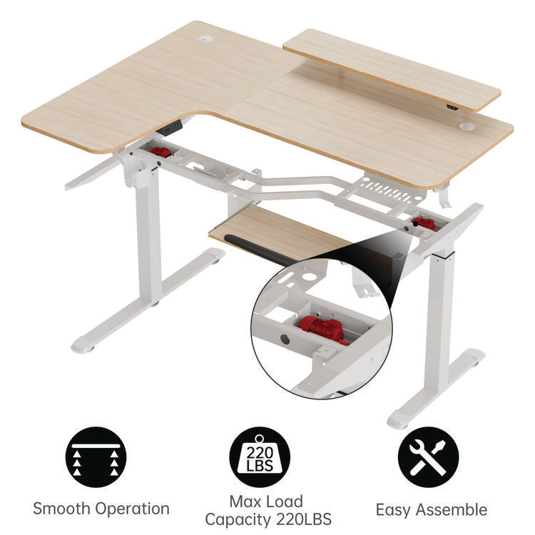 L-Shaped Standing Desk with Keyboard Tray, Left Desk, 61.25" x 43.25" x 34.38" to 52.88", Maple White/White