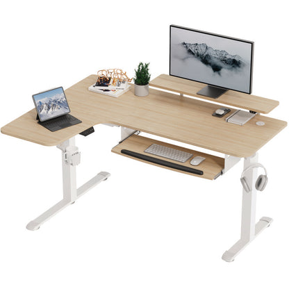L-Shaped Standing Desk with Keyboard Tray, Left Desk, 61.25" x 43.25" x 34.38" to 52.88", Maple White/White
