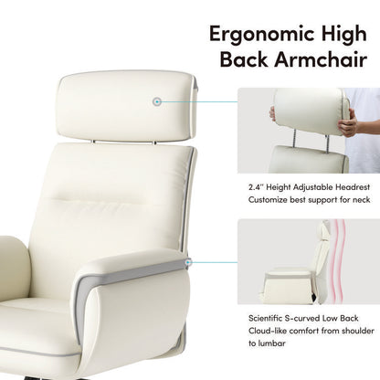 Royal Executive Office Chair, Support up to 300 lb, 19.46"-22.26" Seat Height, White PU Leather Seat, White Faux Leather Back