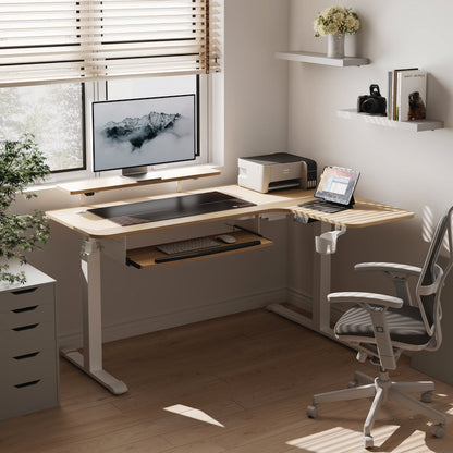 L-Shaped Standing Desk with Keyboard Tray, Right Desk, 61.25" x 43.25" x 34.38" to 52.88", Maple White/White